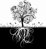 Decorative tree and roots, grass, vector