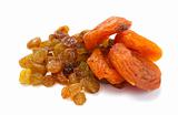Heap of raisin and dry apricot on a white background