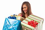 woman holding boxes with gifts