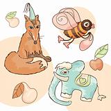 fox, elephant, bee, pear and apple