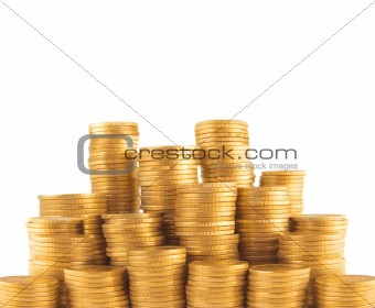 Ukrainian golden coins in column isolated on white