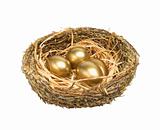 Four golden hen's eggs in the grassy nest isolated on white