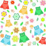 Bright background with owls, leafs, mushrooms and flowers vector