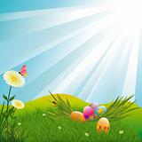 Springtime Easter holiday illustration colorful daisy and colorful easter egg