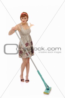 Beautiful angry house woman cleaning the floor. isolated