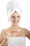 Young beautiful woman with healthy strong teeth and white towel 