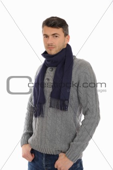 Young handsome possitive man in warm winter casual clothes