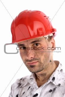 close-up portrait of a young builder or a coal miner