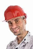 close-up portrait of a young builder or a coal miner