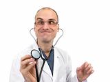 Young and crazy doctor using a stethoscope