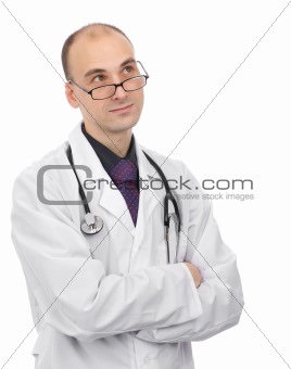 Thoughtful male doctor looking up 