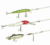 three angling baits for fishing on white background