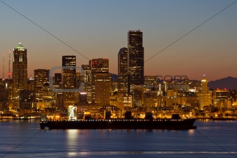 Container Ship on Puget Sound along Seattle Skyline