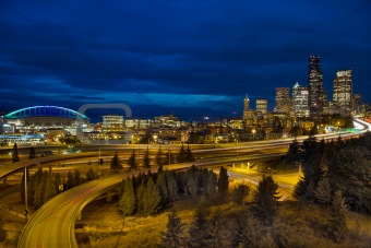 Seattle Downtown Skyline and Freeway at Twilight