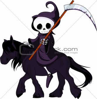 Cartoon grim reaper riding horse