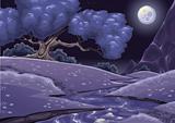 Cartoon nightly landscape with stream.
