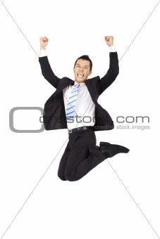 happy businessman jumping and isolated on white background