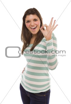 Pretty Smiling Ethnic Female with Okay Hand Sign Isolated on a White Background.