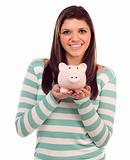 Pretty Ethnic Female Holding Pink Piggy Bank Isolated on a White Background.