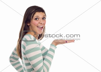 Pretty Smiling Ethnic Female with Empty Hand Flat Out to Her Side Isolated on a White Background.