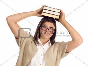 Pretty Smiling Ethnic Female Student Holding Books On Her Head Isolated on a White Background.