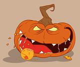 Bloodthirsty pumpkin eating an orange on Halloween