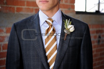 Gray Plaid suit with tan stripes and boutonniere