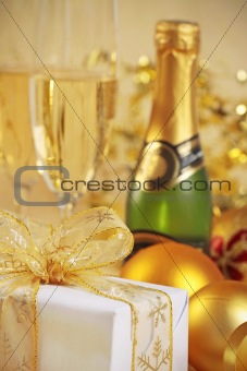 christmas gift and champagne