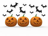 Halloween pumpkin & bats on white background 