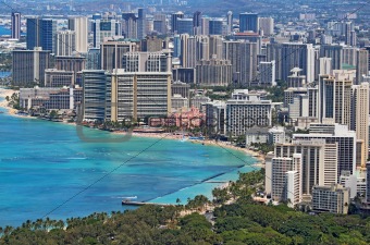 Waikiki Beach and the skyline of Honolulu, Hawaii