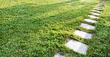 diagonal stepping stones across a lush green lawn