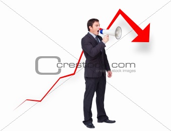 Unsuccessful young businessman using a megaphone