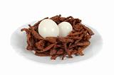 Meat sticks decorated in the form of bird nest