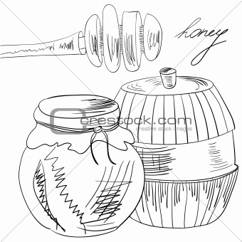 Sketch with glass jar full of honey and stick 