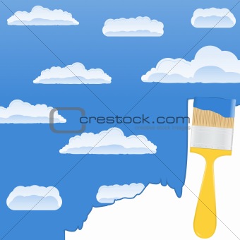 Yellow brush drawing a sky with clouds