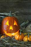Carved jack-o-lantern lit for Halloween