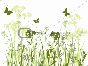 green background with grass and butterflies