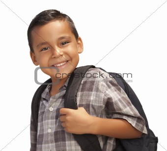 Happy Young Hispanic Boy with Backpack Ready for School Isolated on a White Background.