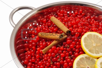 Red currant berries and ingredients for making jam