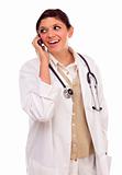 Pretty Smiling Ethnic Female Doctor or Nurse Using Cell Phone Isolated on a White Background.
