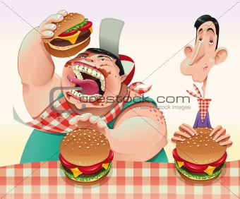 Guys with hamburgers.