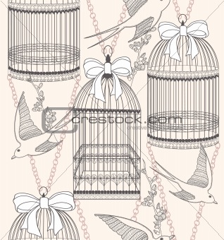 Seamless pattern with birdcages, flowers and birds. Floral and s