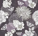 Seamless pattern with flowers and butterfly. Floral background.