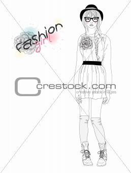 Young beautiful girl fashion illustration. Vector illustration. 