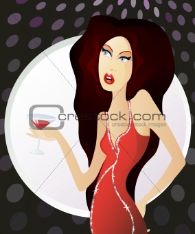Woman in red dress standing with glass of martini