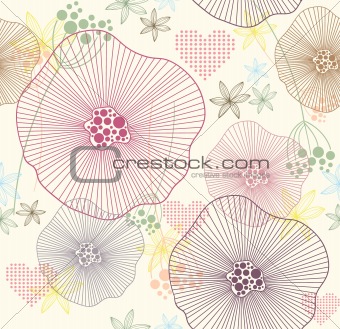 Cute colorful seamless pattern with flowers and hearts