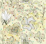 Abstract seamless doodle flowers and hearts pattern with dots