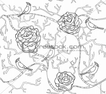 Abstract black and white seamless flower pattern with roses and 