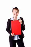 happy business woman holding a red card