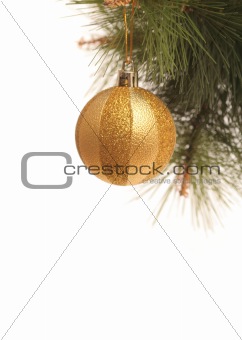 New Year's gold sphere on a pine branch